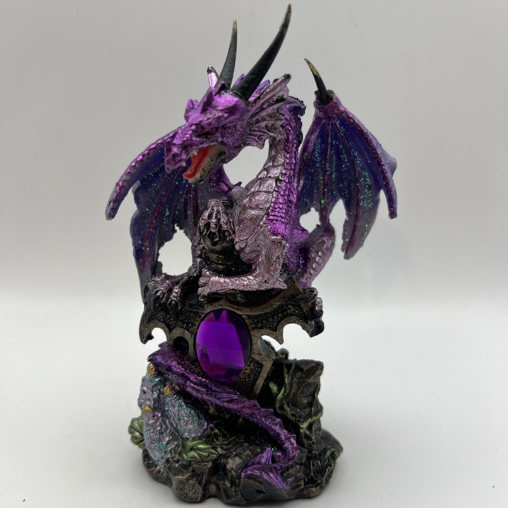 Medieval Purple Dragon w/ Gem Statue 6"H Fantasy Collectible Figurine Room Decor